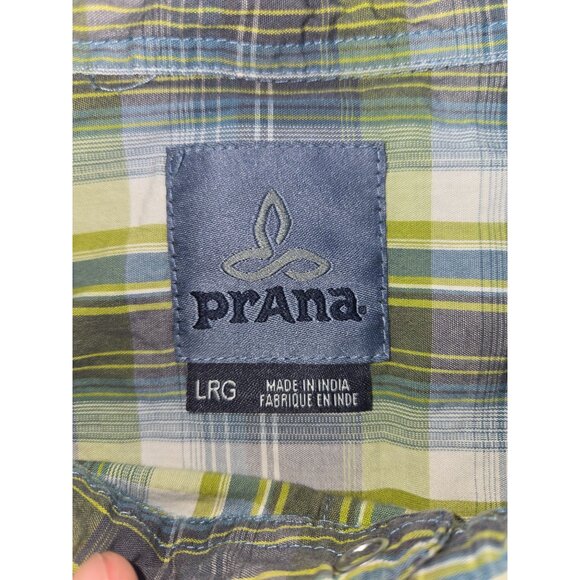 PrAna Mens Short Sleeve Button-Up Shirt Large Plaid Green & Blue Organic Cotton - Picture 5 of 8